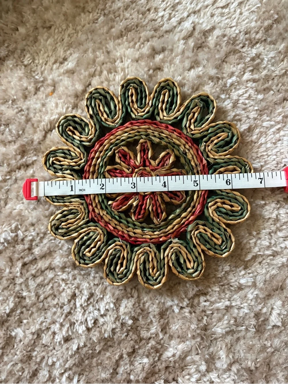Handwoven Green, Tan & Red Floral Straw Accent Mat